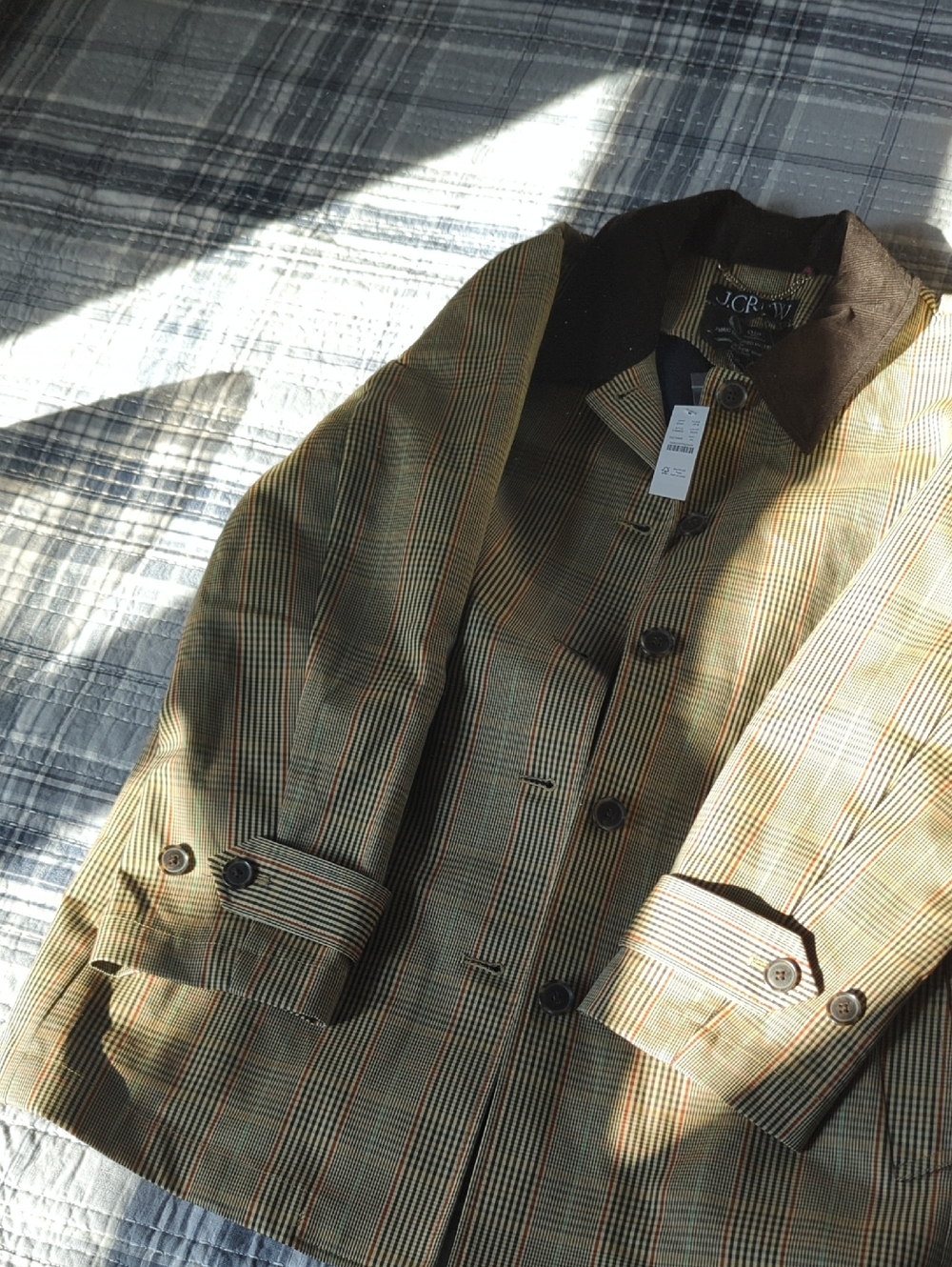 J. Crew Olive and Brown Plaid Pea Coat with Dark Collar